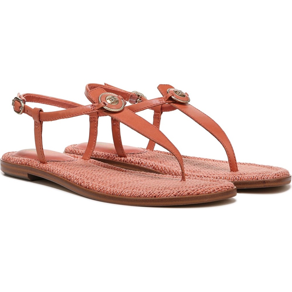 Sam Edelman Gigi Signet Slip On T-Strap Flat Sandals Coral Women's Size 7.5 NWOB